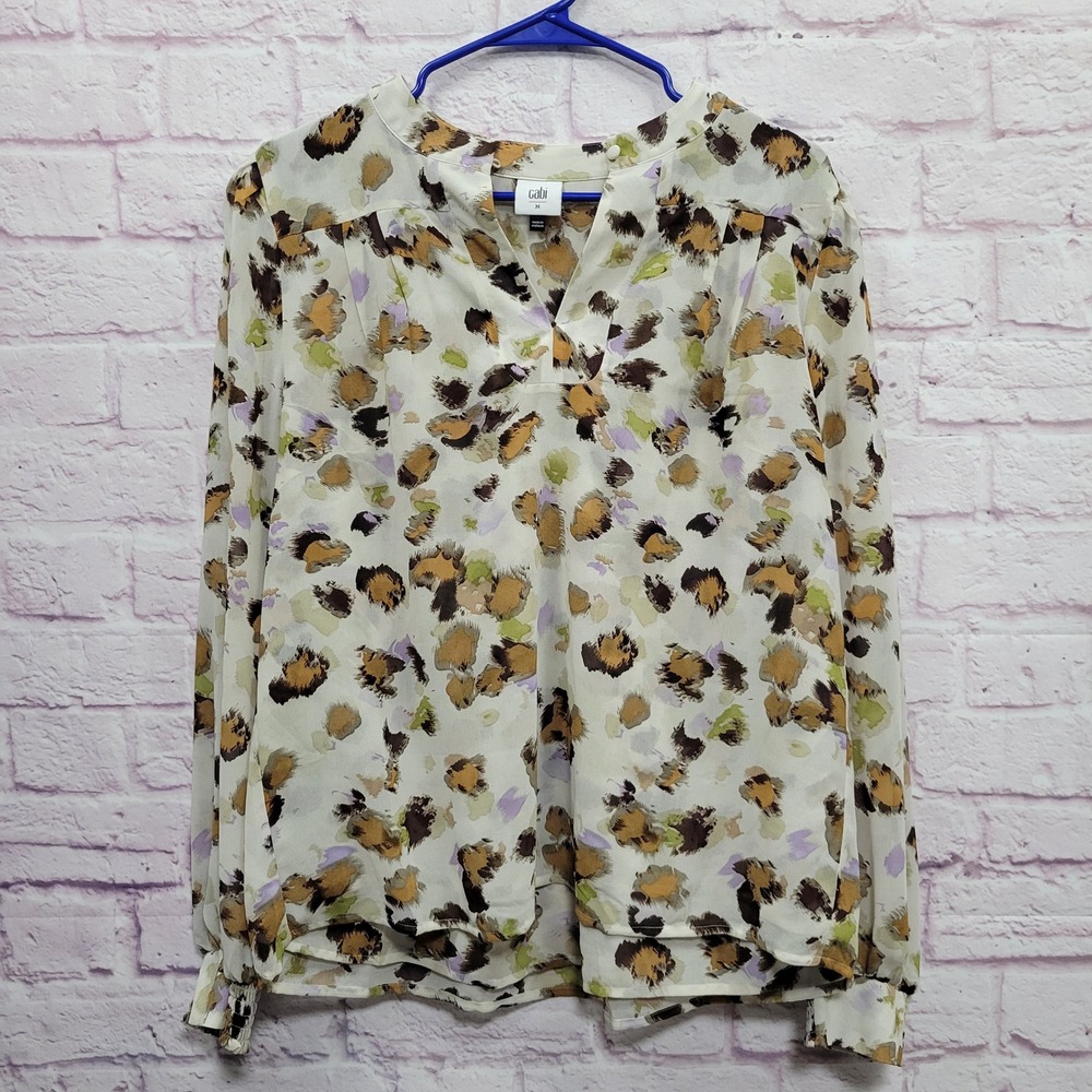 Cabi Boho Abstract Leopard‎ Print Blouse M Sheer Lined Indie Flowy Office Siren